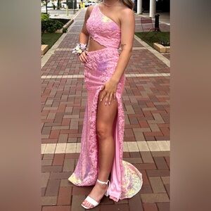Sherri Hill Pink Lace High-Slit Two-Piece Prom Gown